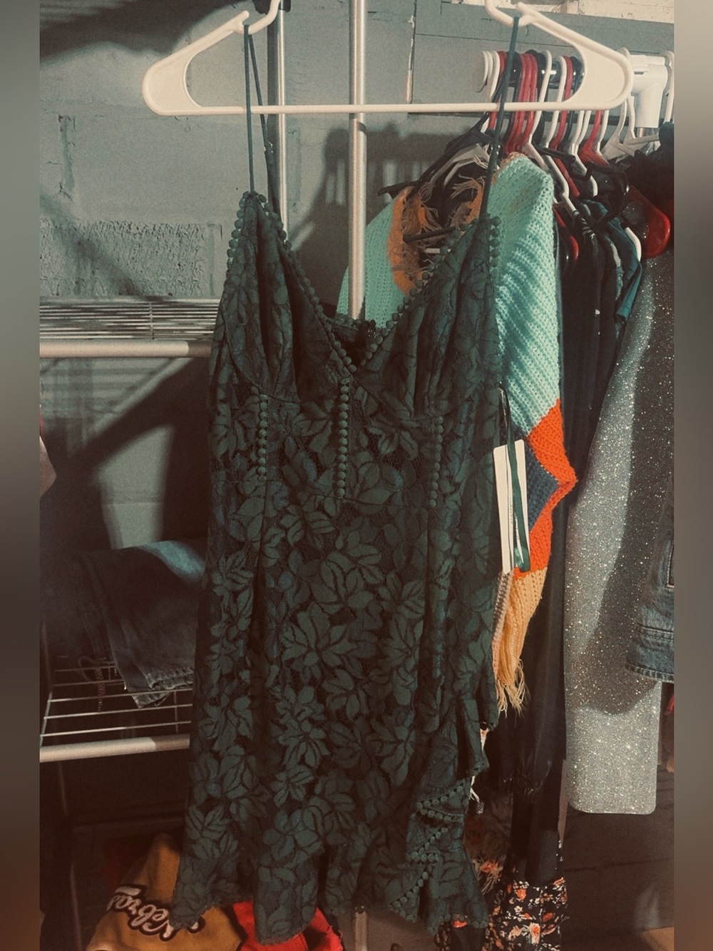 Dark Green Floral Lace Slip Dress